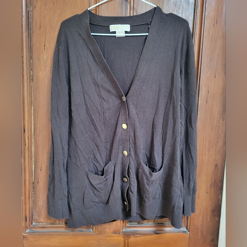 Michael Kors Women's Brown Cardigan with Golden Buttons Size L